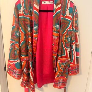 Zara Women's Vibrant Orange and Teal Patterned Blazer